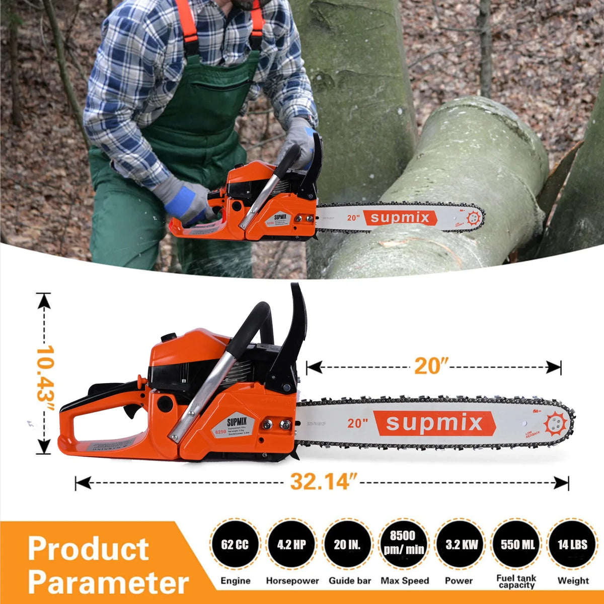 62cc Gas Chainsaw 20 Inch Gas Powered Chainsaws 2-Cycle Petrol Handheld Gasoline Chain Saw Power Saws for Cutting Wood Tree Trimming