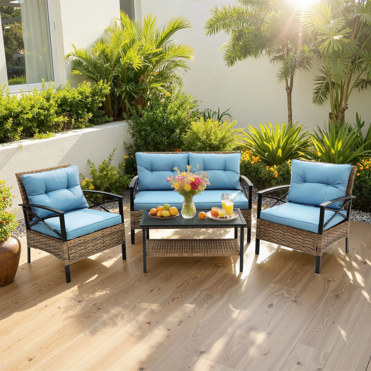 Patio Sofa Set, 4 Pieces Outdoor Sectional Furniture, All-Weather PE Rattan Wicker Patio Conversation Set, Cushioned Sofa Set with Coffee Table for Patio Garden Poolside Deck