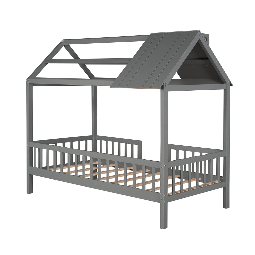 Euroco Twin Size Platform Bed, House Bed with Fence for Kids, Gray