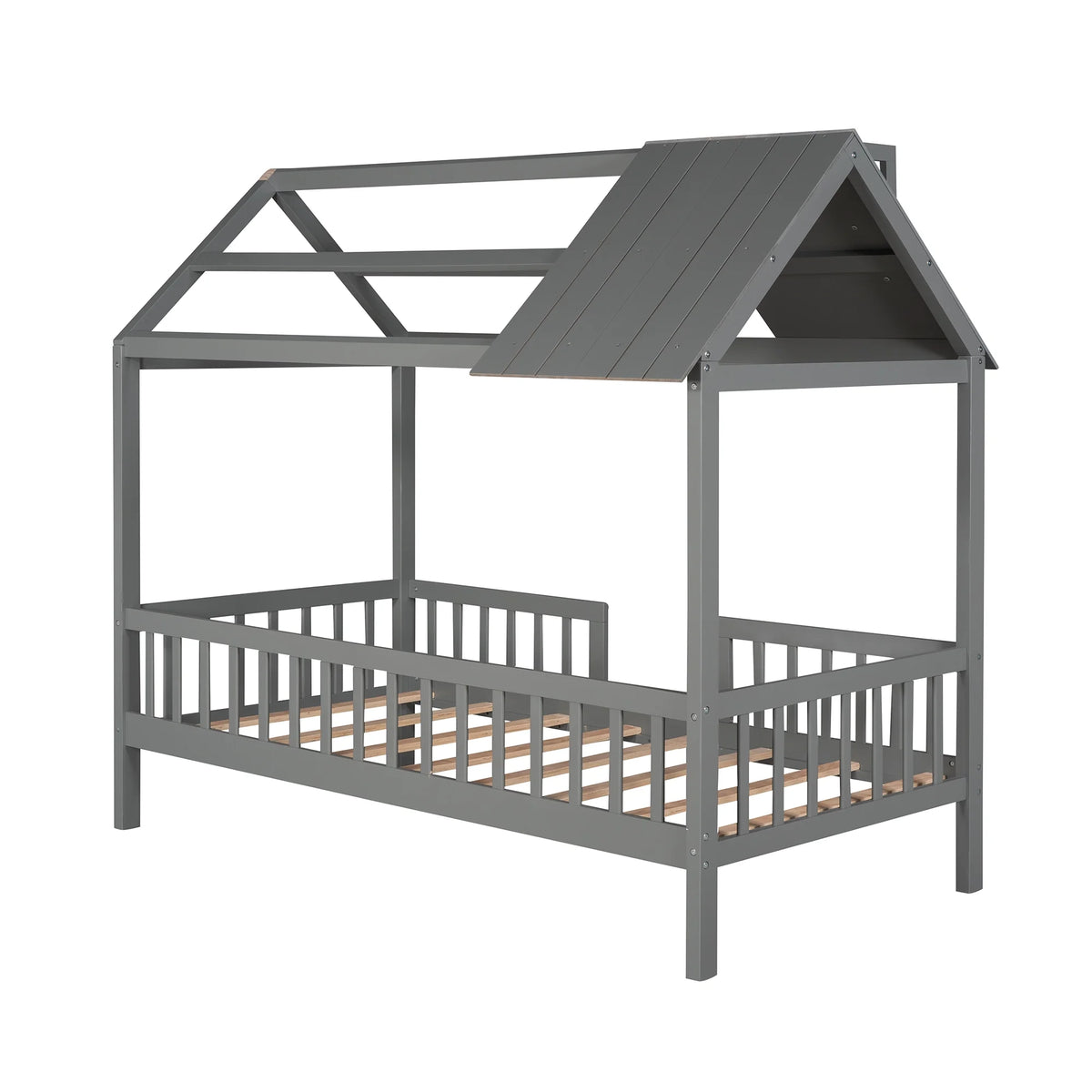Euroco Twin Size Platform Bed, House Bed with Fence for Kids, Gray