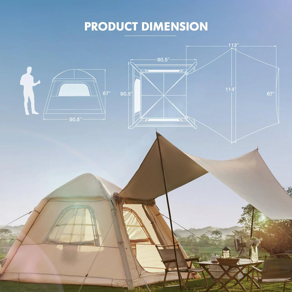 Erommy 3-4 Person Inflatable Tents for Camping with Large Rainproof Cover, Blow-Up Tent with Hand Pump, Easy Setup Tent House, Air Tent for Camping Adult,Beige