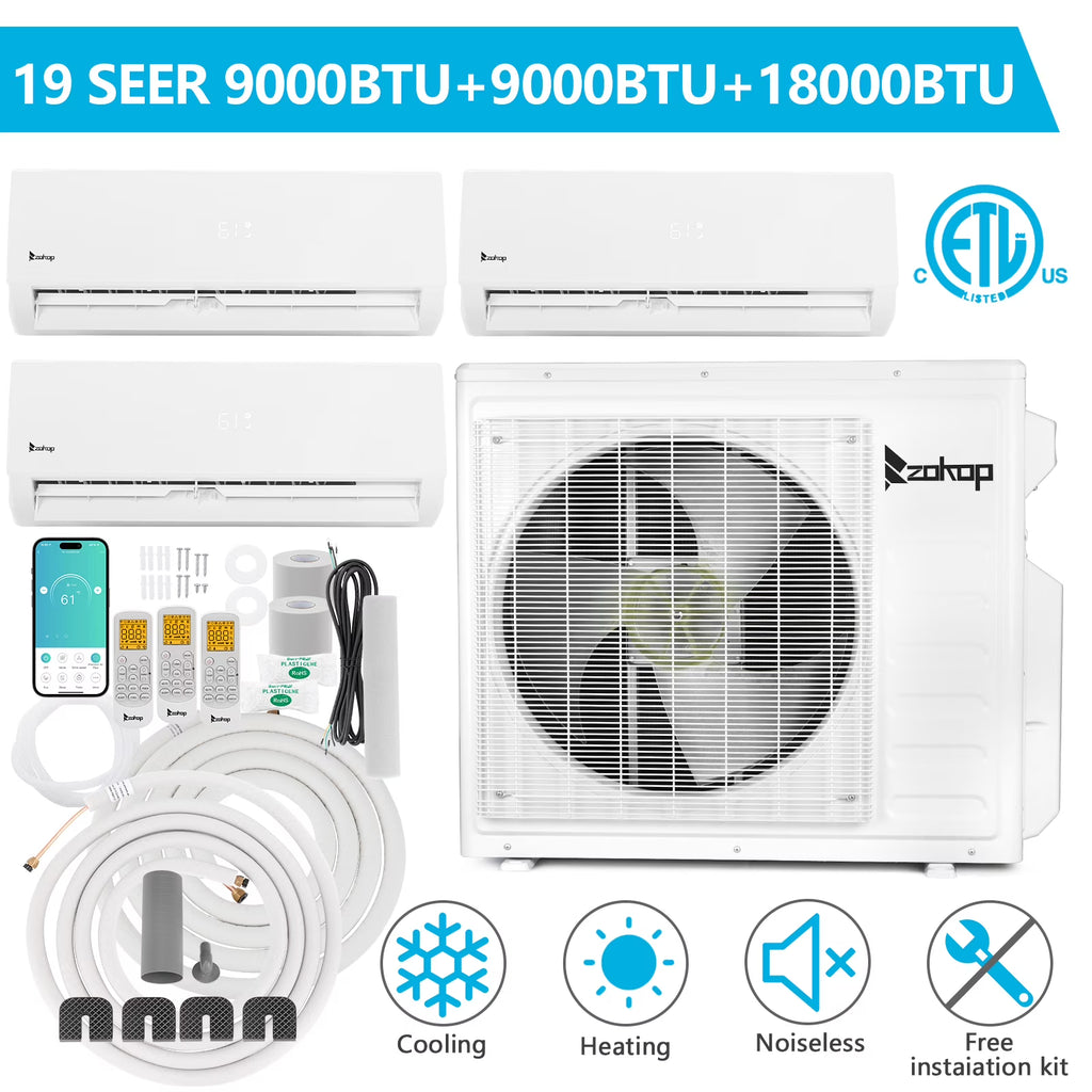 Ktaxon 2 Zone 9000 + 9000 BTU WIFI Mini Split AC/Heating System, 19 SEER2 Dual Zone 18000 BTU Ductless Split Air Conditioner with Pre-Charged Condenser, Heat Pump & 25Ft Installation Kit, 208-230V
