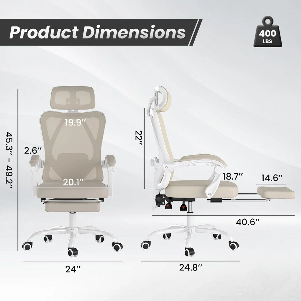 STARY Ergonomic Office Chair with Footrest, High Back Mesh Desk Chair with Adjustable Headrest & Lumbar Support, Comfortable Computer Chair for Home Office Study, White & Beige