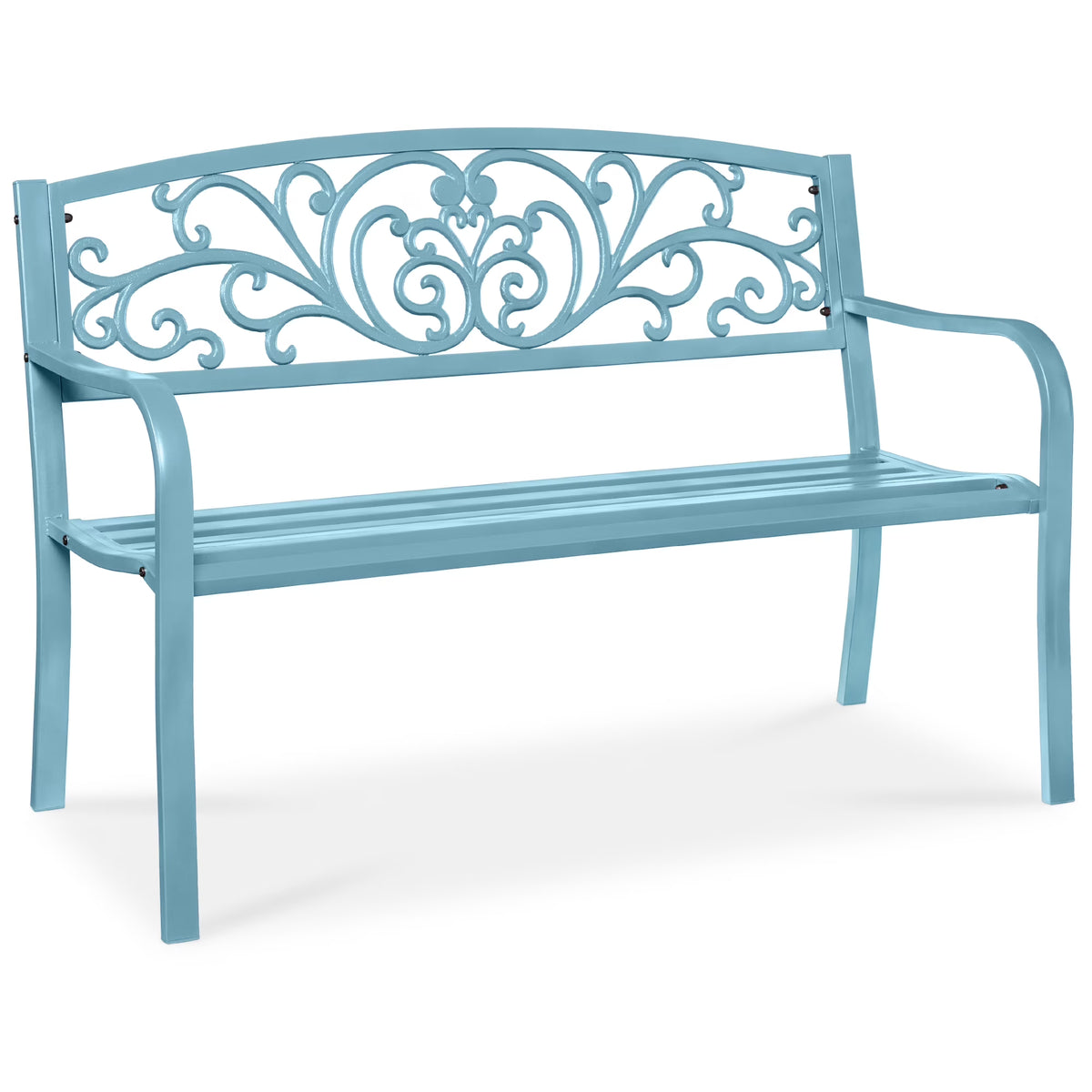 Best Choice Products Outdoor Steel Bench Garden Patio Porch Furniture w/ Floral Design Backrest - Black