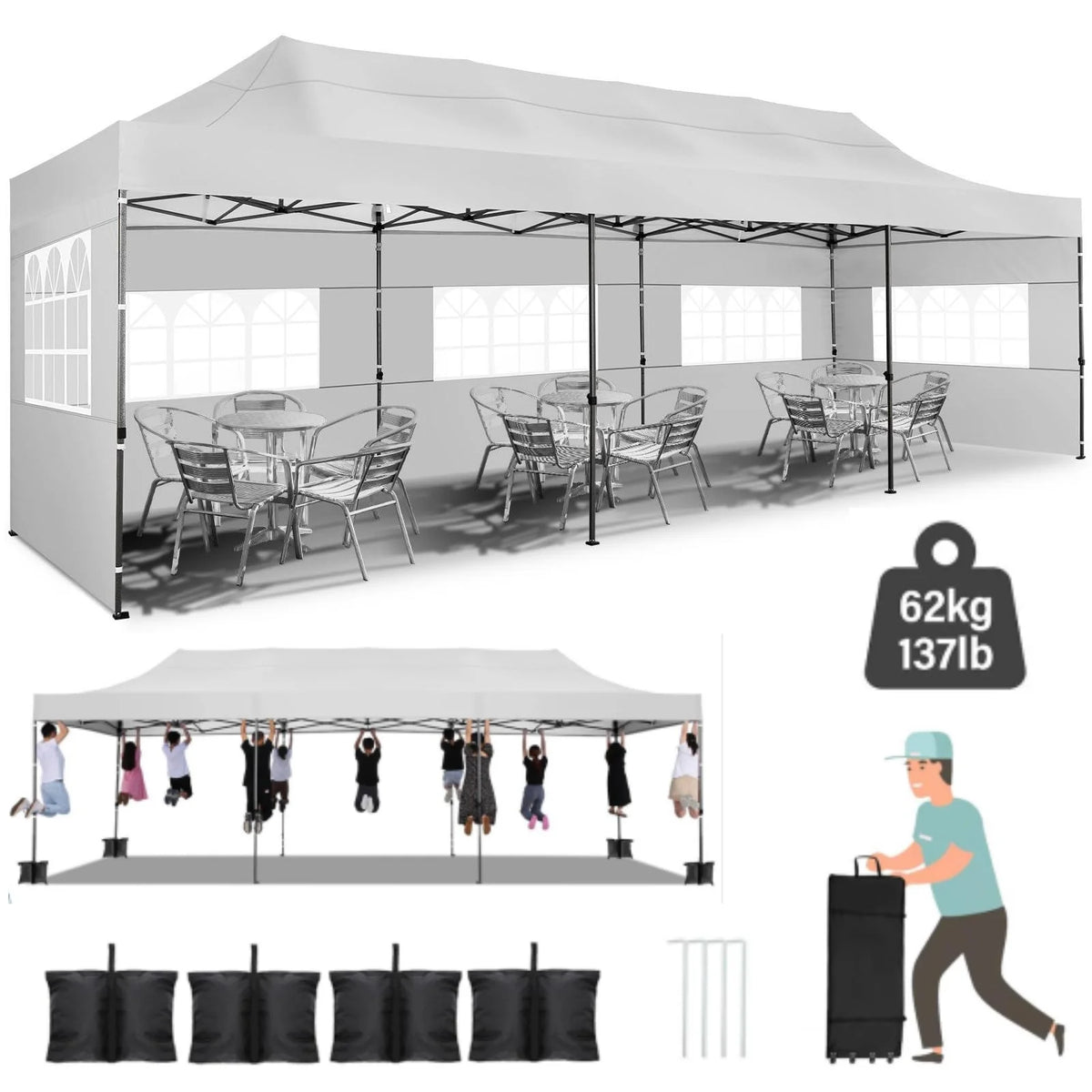 COBIZI 10x20 Heavy Duty Pop up Canopy Tent with 6 sidewalls Easy Up Commercial Outdoor Canopy Wedding Party Tent for Beach All Season Wind & Waterproof Gazebo with Roller Bag,Black(Frame Thickened)