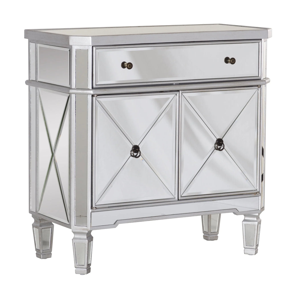 Powell Deville 2-Door Single Drawer Indoor Console Table with Shelves, Mirrored Surfaces and Luxe Silver Wood