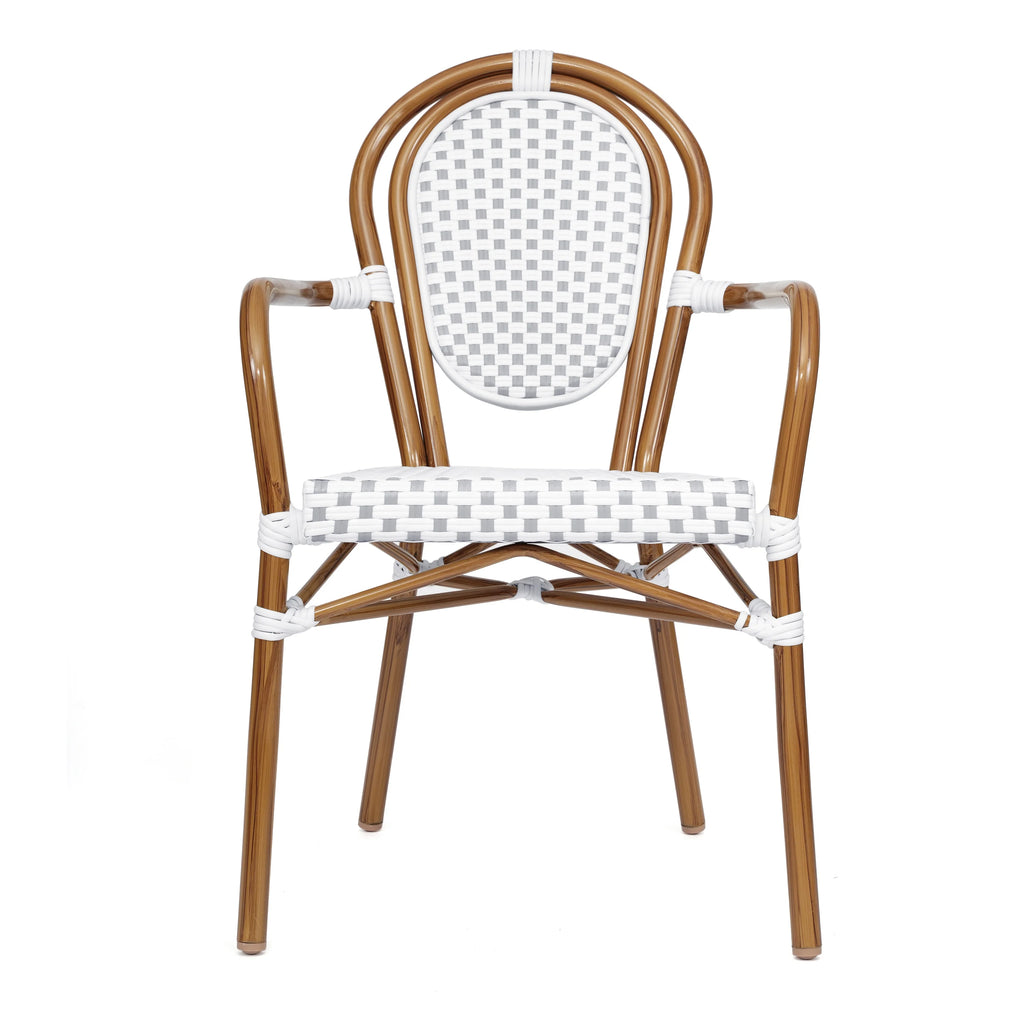Merrick Lane Stacking Thonet French Bistro Style Chair with Arms, Black & White PE Rattan Seat, and Bamboo Finished Metal Frame for Indoor/Outdoor Use