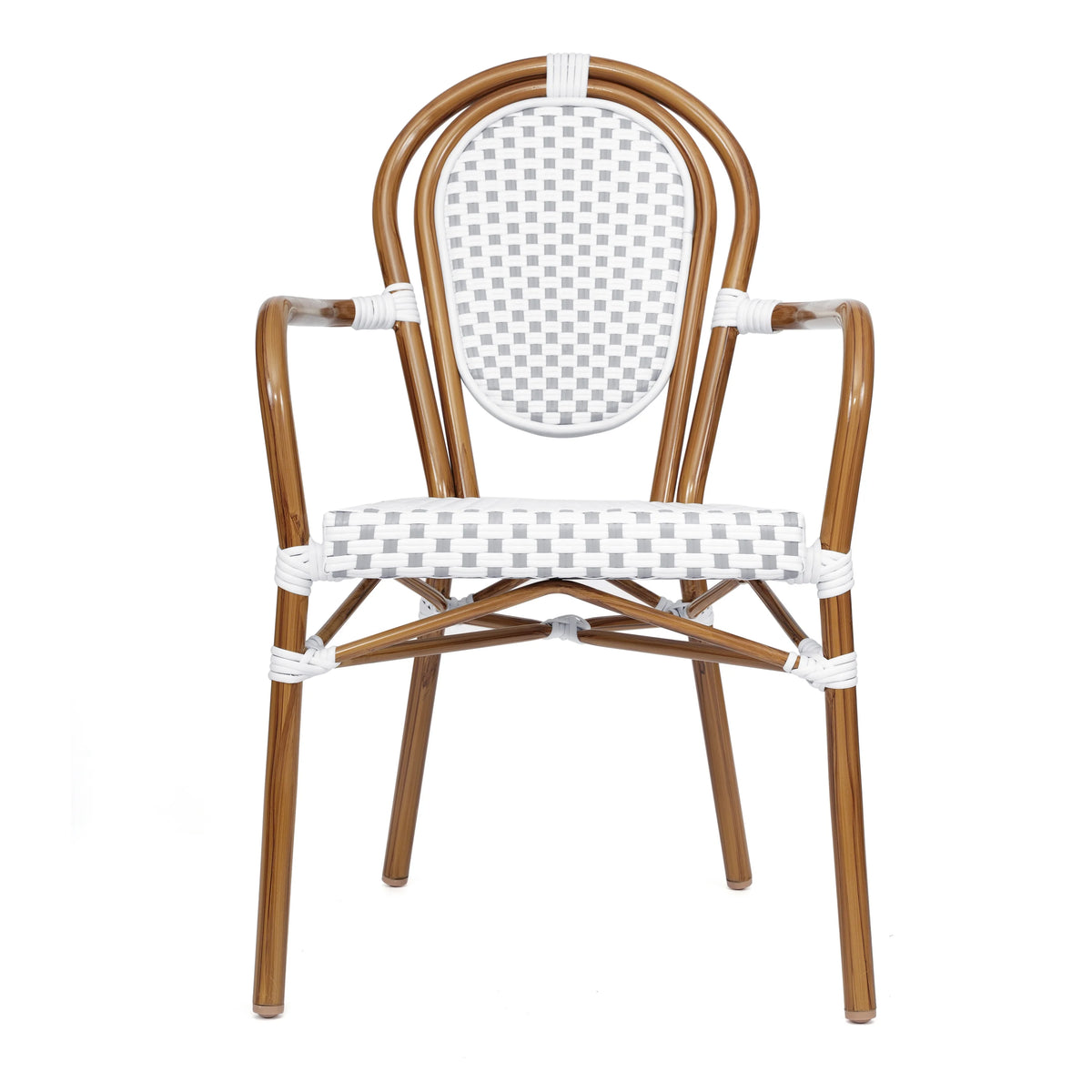 Merrick Lane Stacking Thonet French Bistro Style Chair with Arms, Black & White PE Rattan Seat, and Bamboo Finished Metal Frame for Indoor/Outdoor Use