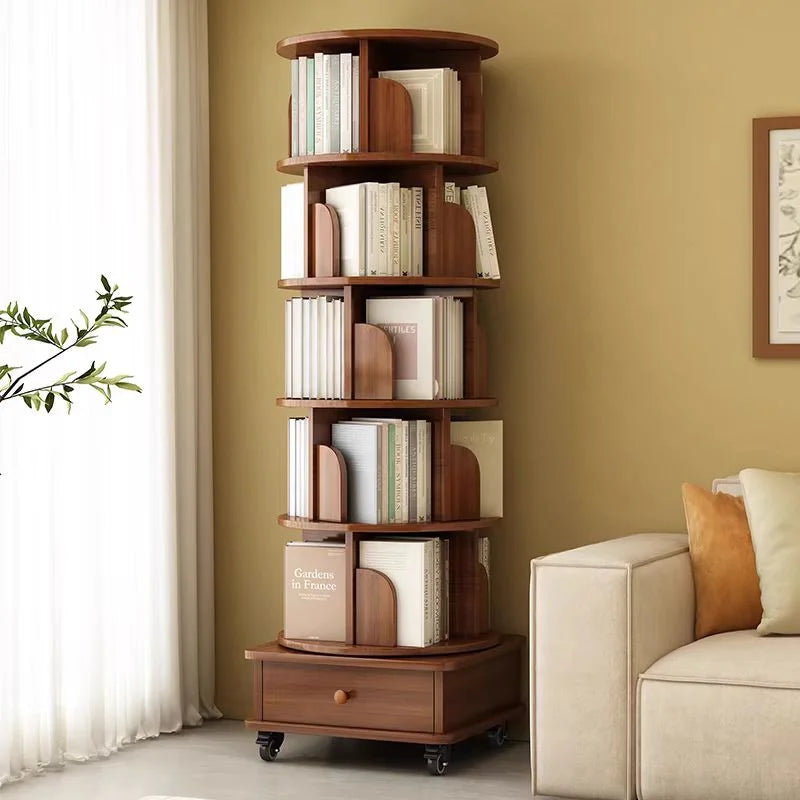 Qiushi 6-Tier Round Rotating Bookshelf with Storage Drawer, 360 Spinning Corner Bookshelf Tower for Small Space, Bookcase Storage Rack with Wheels, Wood Narrow Organizer for Bedroom, Living Room