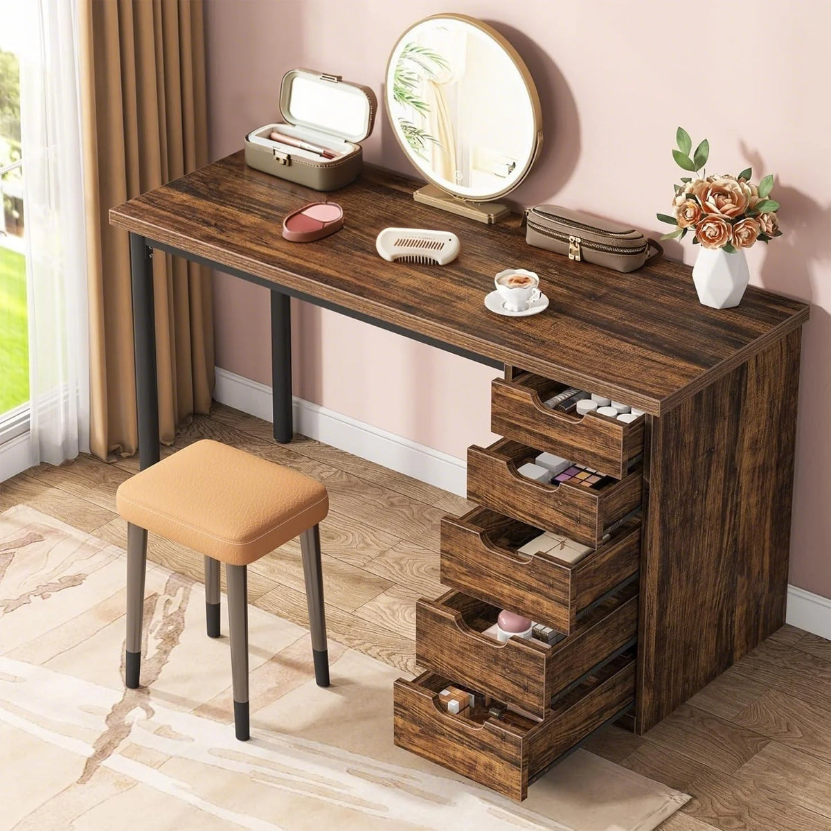 Tribesigns 47 inches Vanity Desk with 5 Drawers, Rustic Makeup Dressing Table with Storage, Modern Simple Computer Desk for Women, Girls (Brown)