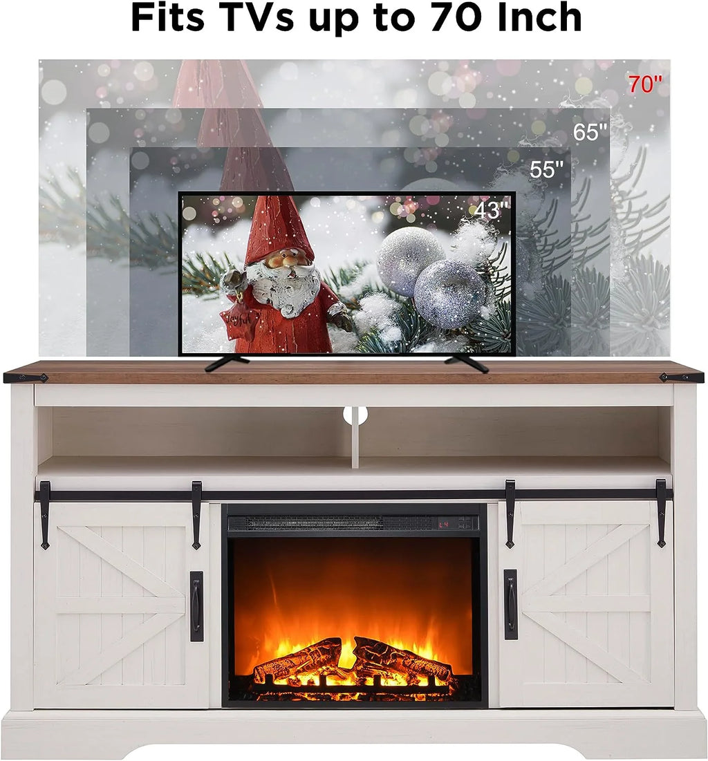 OKD Farmhouse Fireplace TV Stand up to 70", Entertainment Center with 23" Fireplace & Open Storage Shelves for Living Room, Antique White