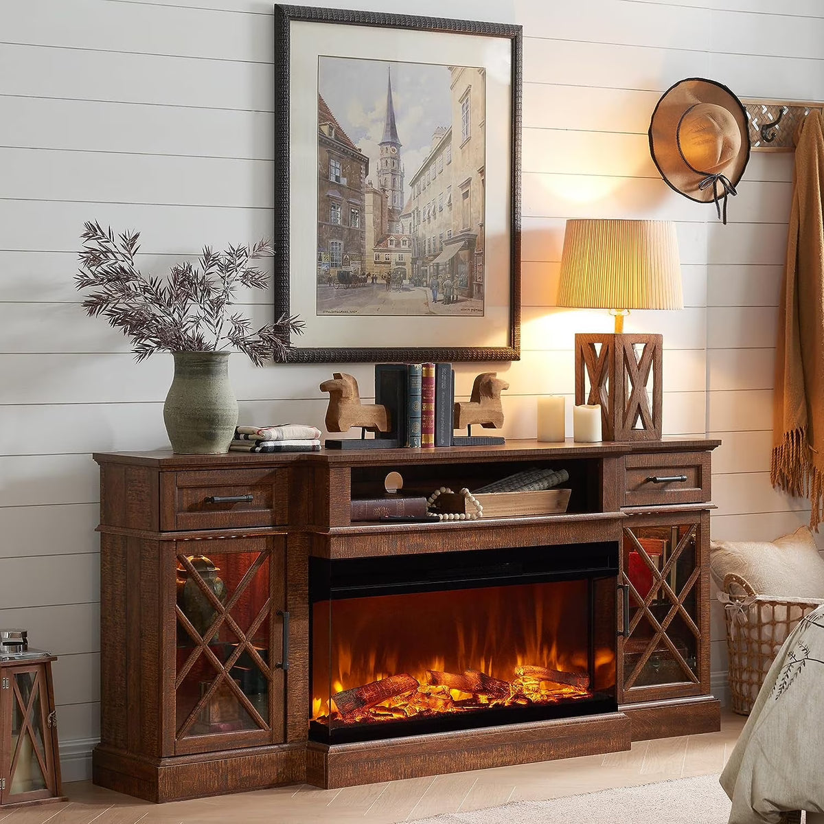 OKD Farmhouse 3-Sided Fireplace TV Stand for 80" TVs, 70" Entertainment Center with Electric Fireplace and Storage Drawers, Antique White