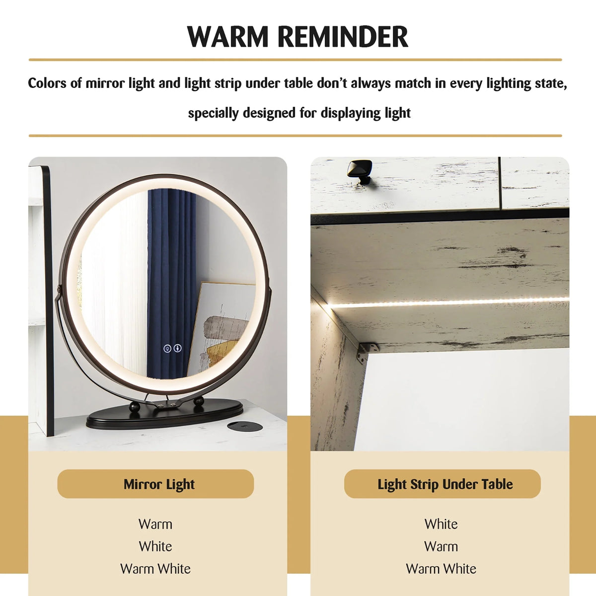Costway Vanity Makeup Table Set 3-Color Dimmable Human Body Induction LED Light White