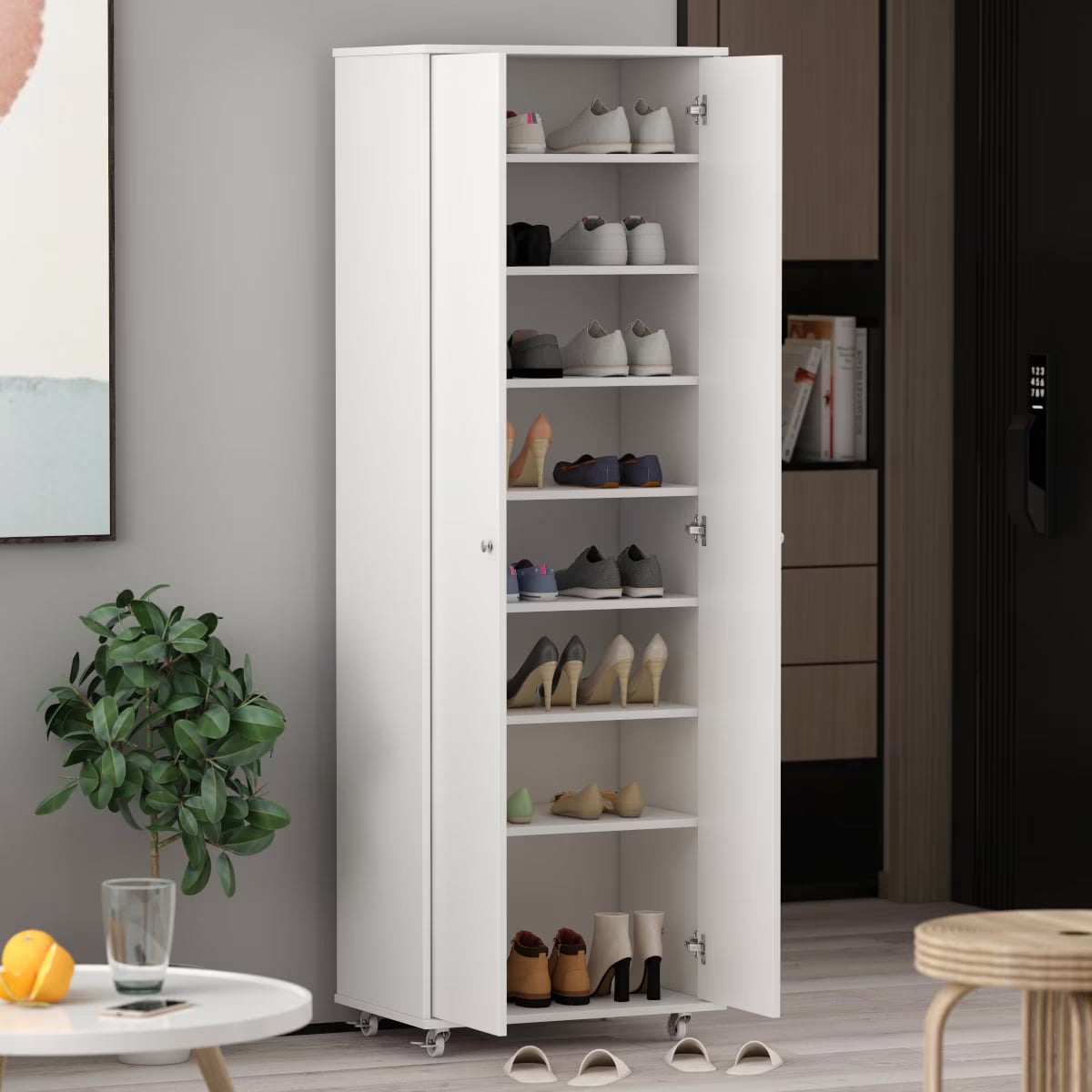 KULAGAGA 2-Door Tall Shoes Storage Cabinet with Wheels, Modern 8-Tier Wood Shoe Rack Storage Organizer for Entryway Hallway Blcak