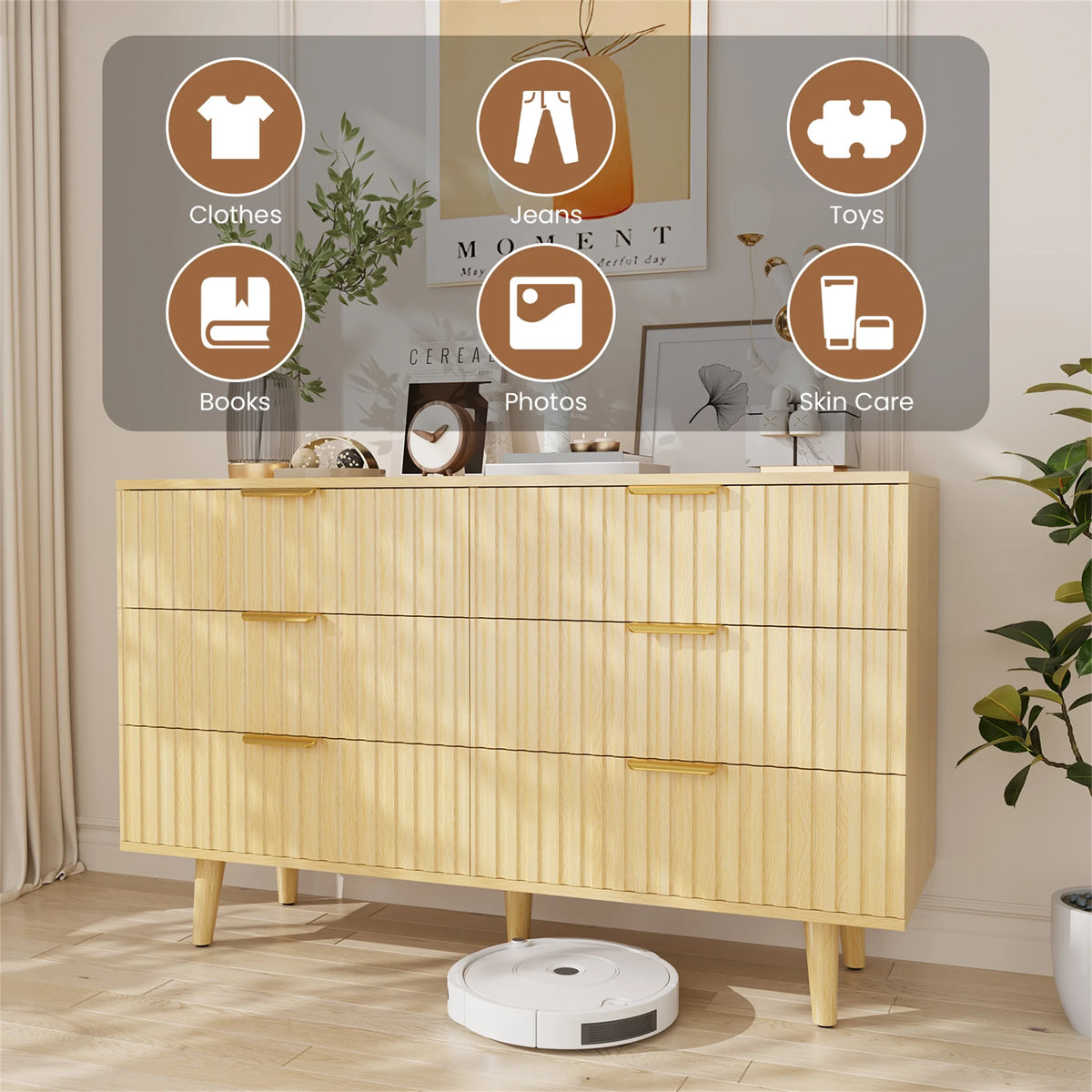 Planntonneo Boho Fluted 6 Drawer Dresser, Wooden Chests for Bedroom
