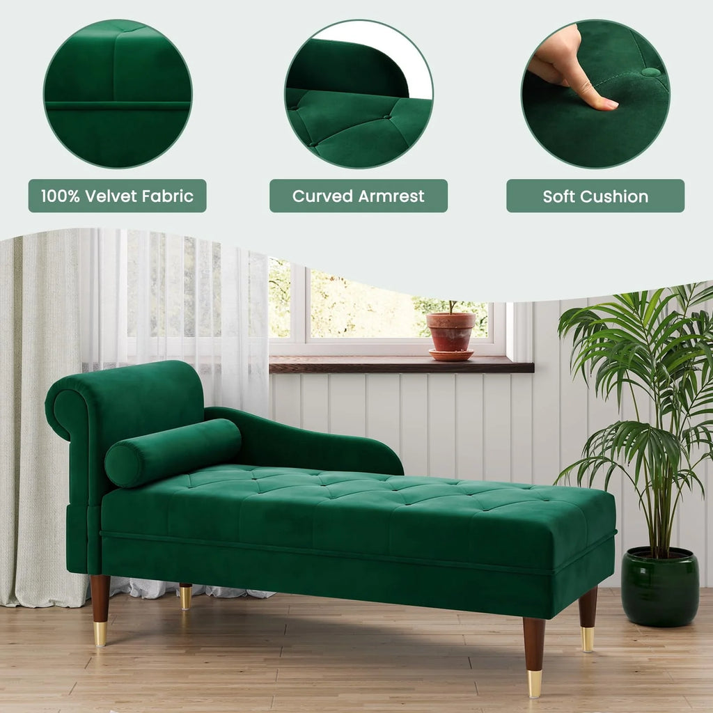 Chaise Lounge Indoor,Vesgantti 59" Velvet Modern Lounge Chair Upholstered with Arm Lumbar Pillow Sofa Chair for Living Room Office,Green