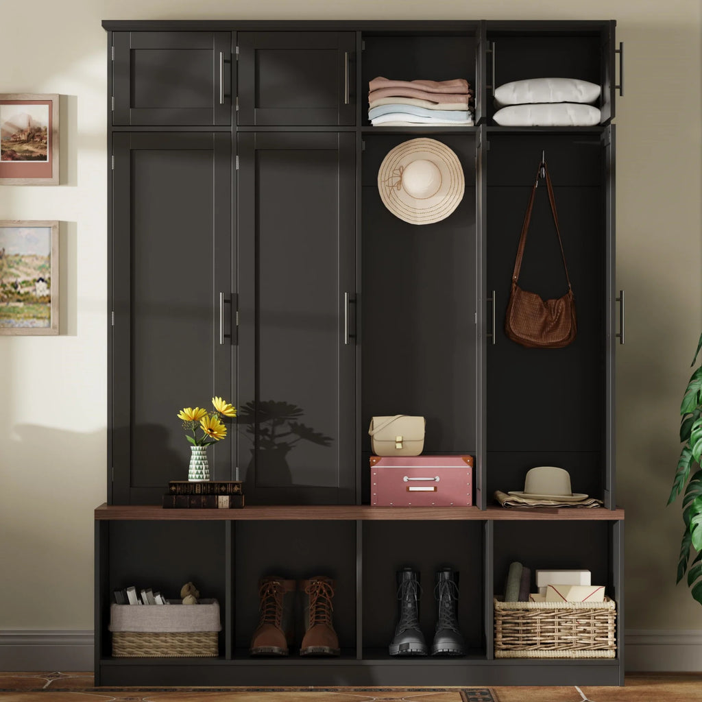 Euroco Entryway Hall Tree with Bench, Shoe Storage, Coat Hooks & Cabinets �C Walnut Finish, Anti-Tip Design, Modern Mudroom Organizer