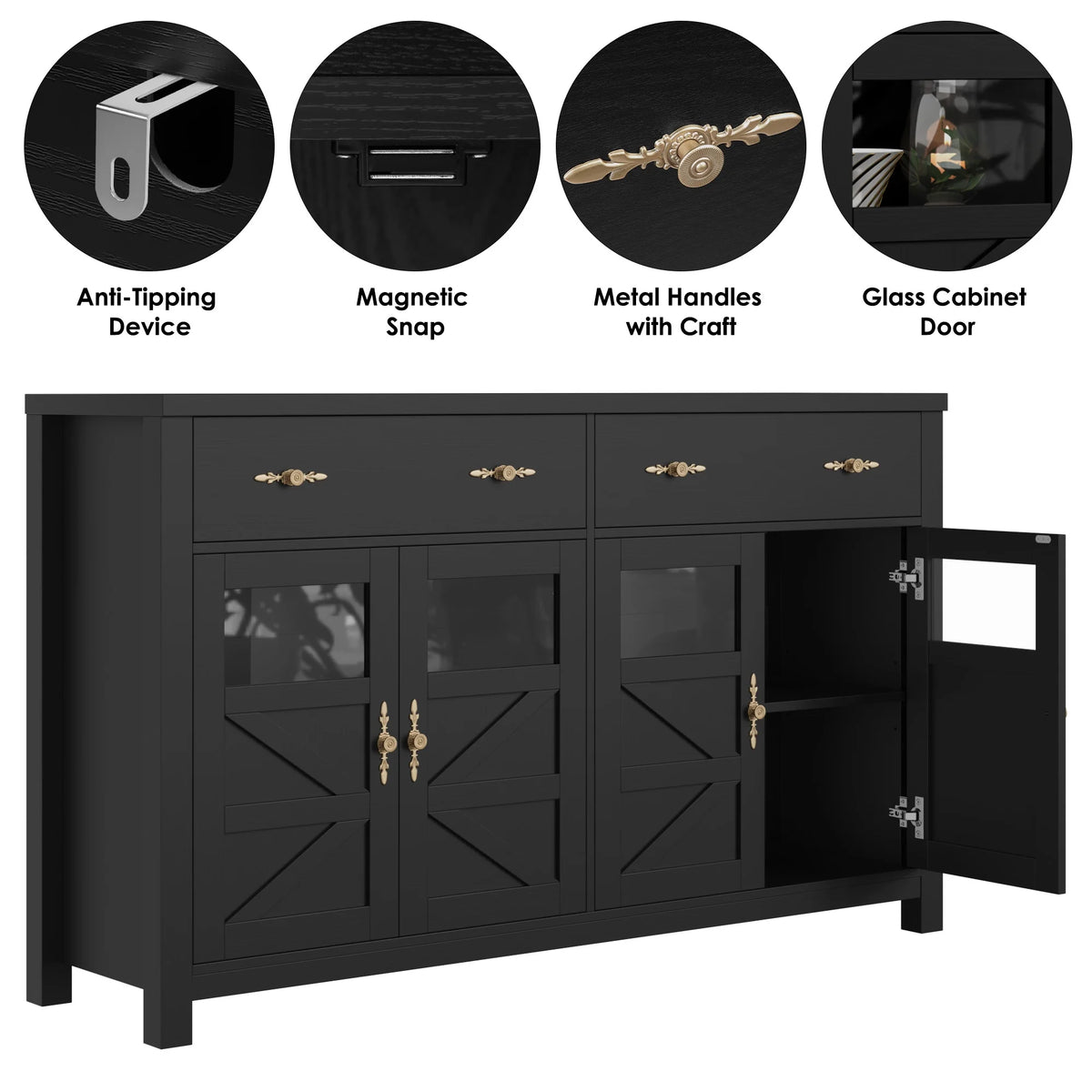 Homfa Farmhouse 55.1"WKitchen Buffet Cabinet with Storage Drawer & Adjustable Shelf, Glass Door Wood Sideboard Credenza Coffee Bar with for Dining Room Living Room, White & Black