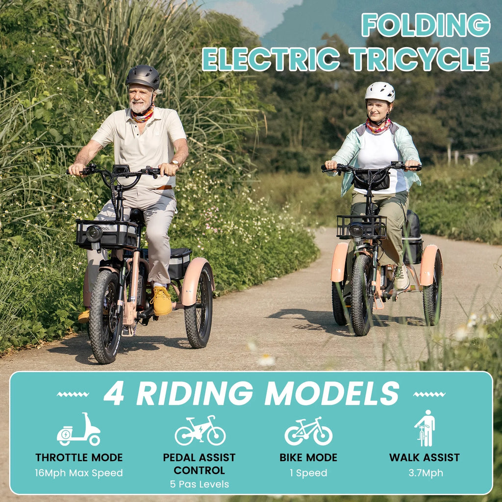 MOONCOOL TK1 Folding Electric Tricycle for Adults,48V 14.5Ah Removable battery, 500W��Peak 1000w��Motor, 20" Fat Tire Step-Thru 3Wheel Electric Bicycle w/Front&Rear Baskets, Certified to UL 2849 by SGS