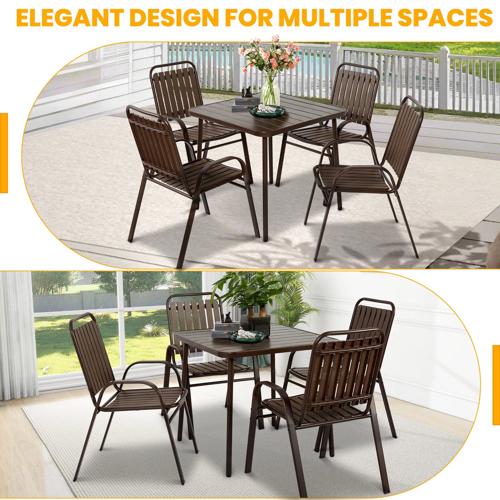 Seizeen 7-Piece Outdoor Table and Chairs, Patio Table Set with 6 Rattan Chairs, All-weather Outdoor Patio Dining Sets Rectangular Metal Table with Acacia Wood Top, Umbrella Hole, Gray