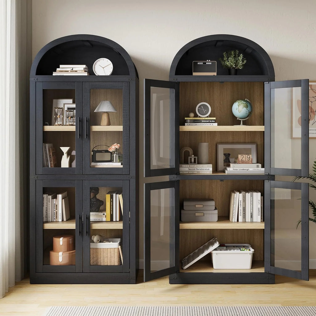 NEILA Arched Bookshelf with Doors - Glass Doors - 15.83 inches deep by 71.4 inches tall rustic ambiance premium wood display cabinet for living room, kitchen and office,Glass Door_Black