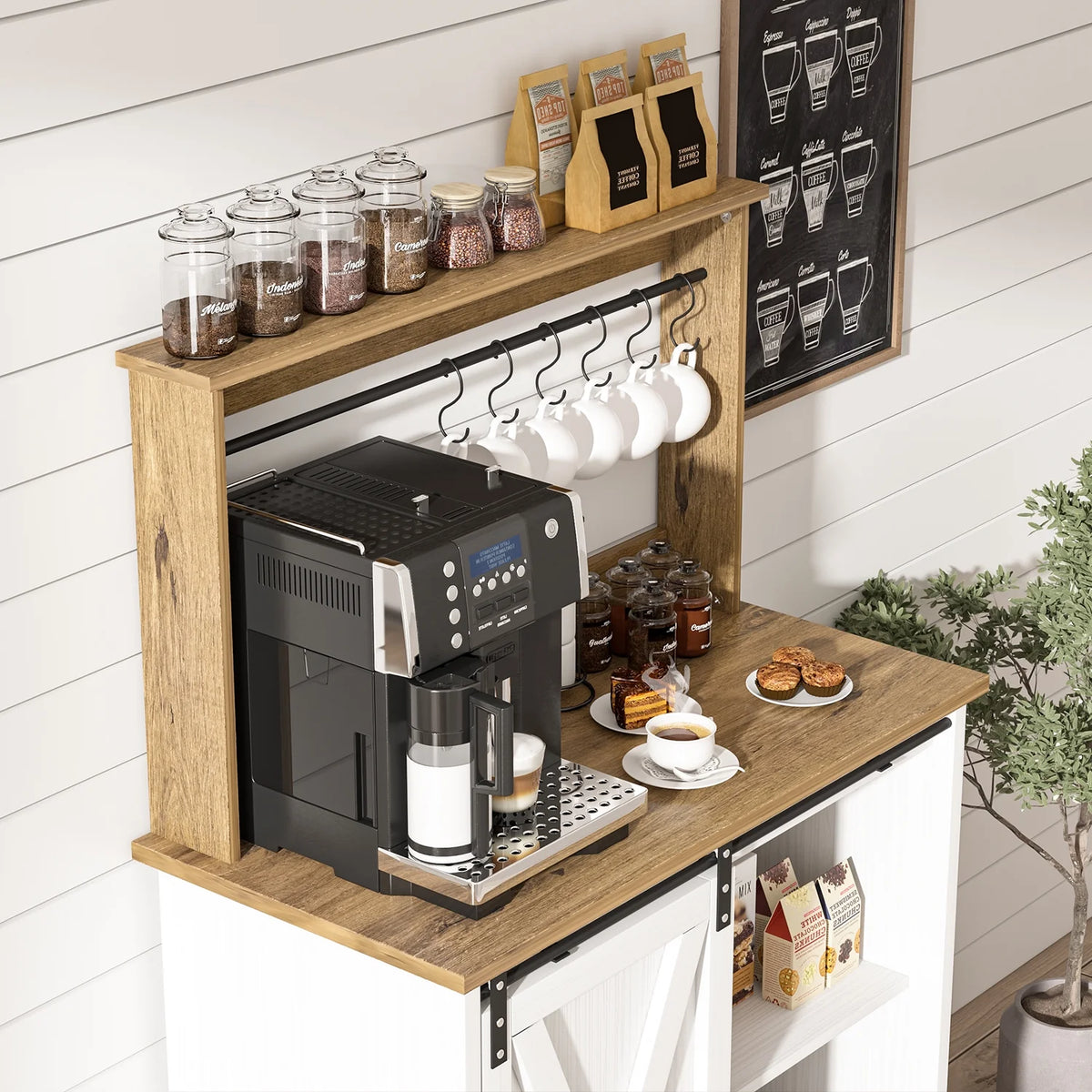 Catrimown Coffee Bar Cabinet, Barn Door Sideboard Buffet Cabinet with Storage, White