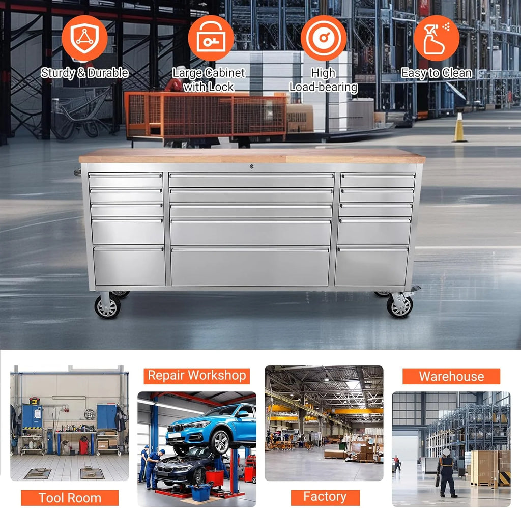 Kojooin 72-Inch Rolling Tool Cabinet, Large Rolling Tool Chest with 15-Drawer and Mobile Workbench, Heavy Duty Steel Storage Cabinet with Locking System for Warehouse, Garage, Basement