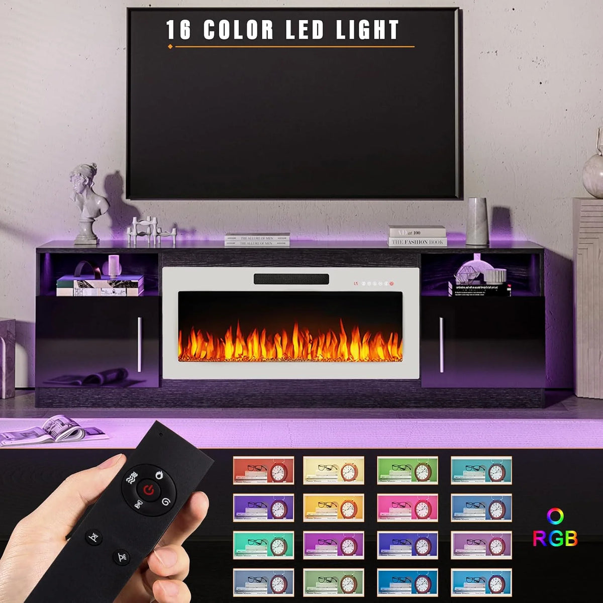 Waleaf Fireplace TV Stand with 18'' Fireplace for TVs up to 65 inch, Two Adjustable Glass Shelves