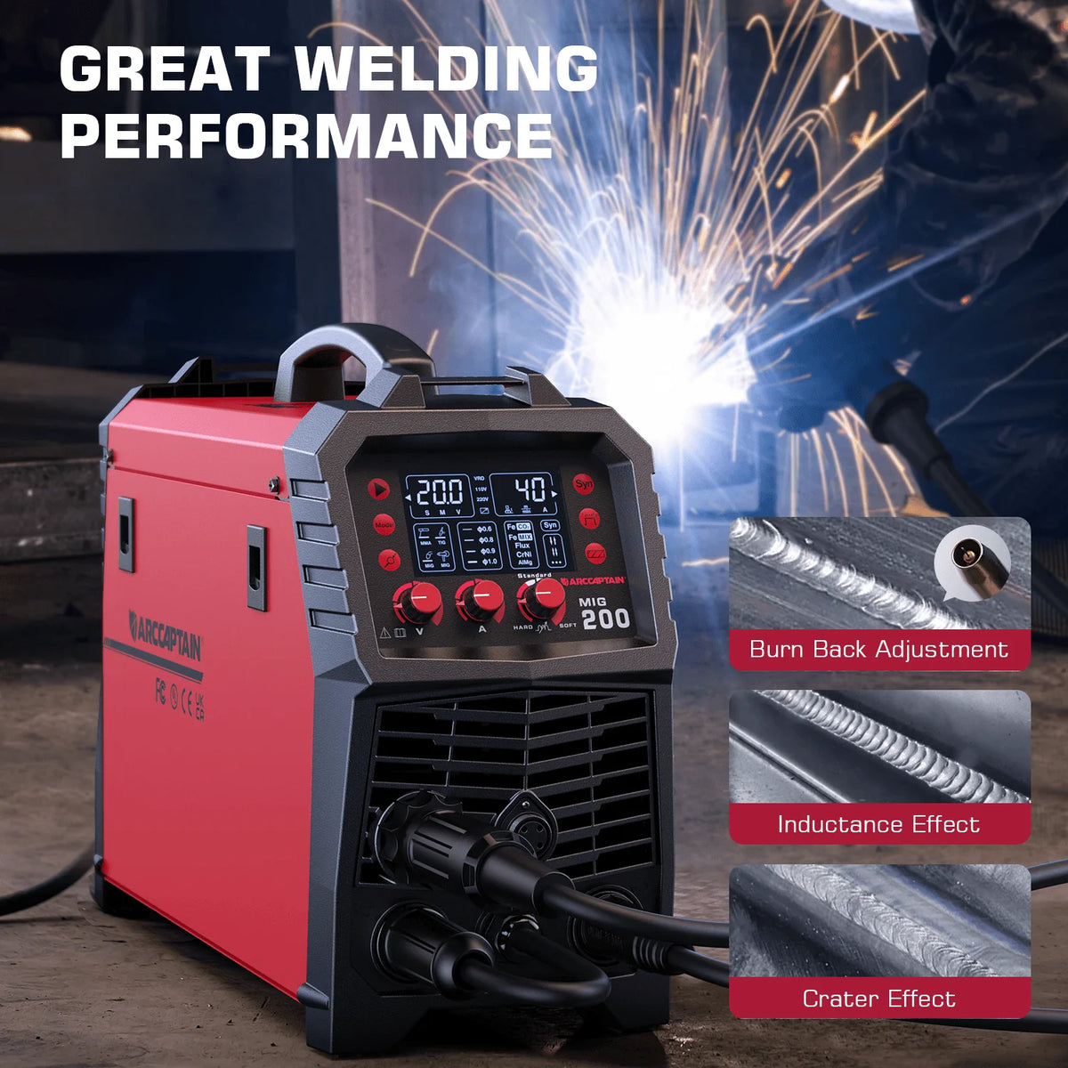ARCCAPTAIN 6 in 1 MIG Welder Machine, 200A Gas Welders w/ Flux Core MIG/Stick/Lift TIG/Spot Welding/Spool Gun Function