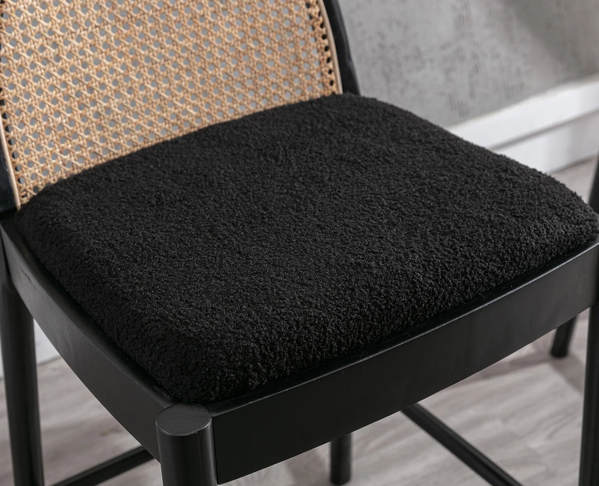 Guyou Modern Bar Stools Set of 2, 26" Counter Height Bar Stools with Natural Rattan Back and Solid Wood Frame, Sherpa Upholstered Kitchen Island Chairs for Bar Island Cafe Kitchen, Black