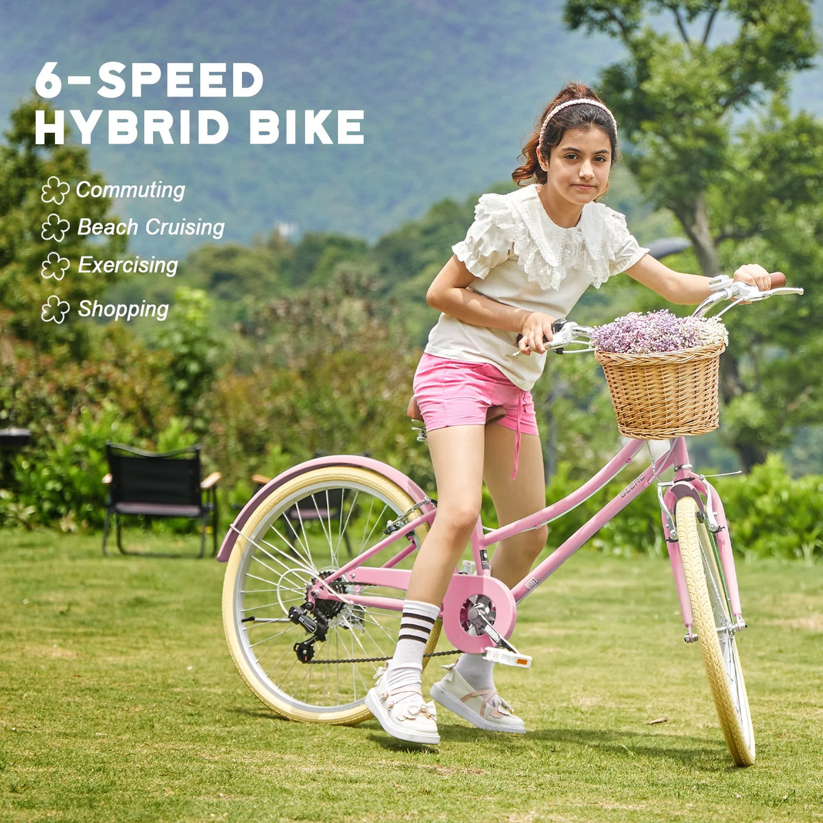 Glerc Missy 24" Girls Cruiser Bike 6-Speed Women's Hybird Bicycle for Ages 7-11 Years, Mint Green