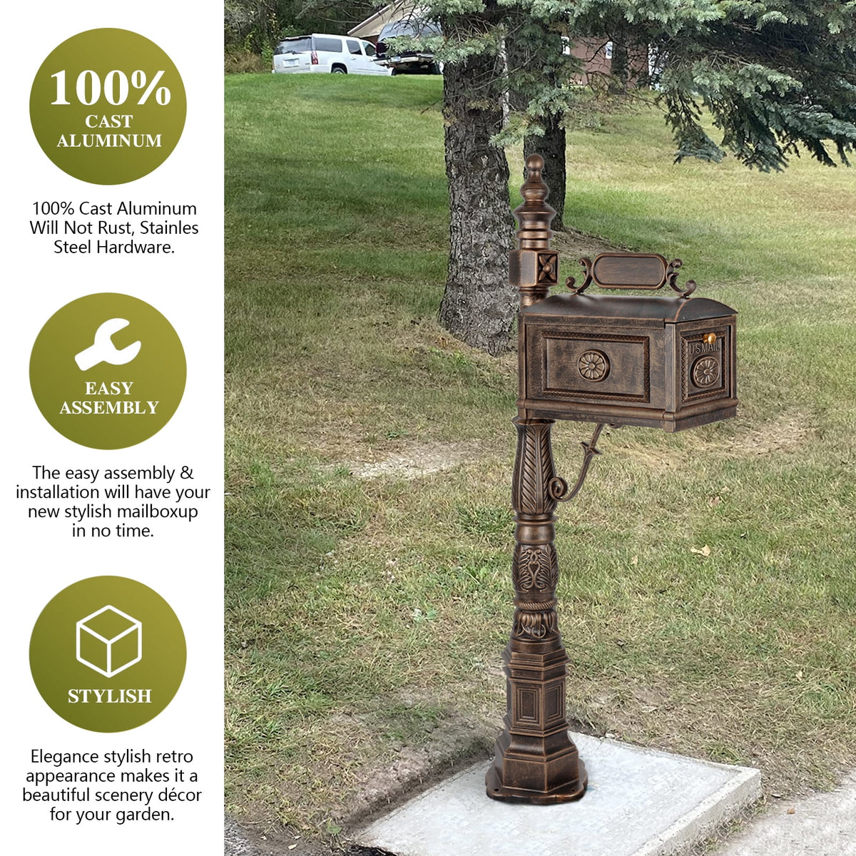 Betisef Large Cast Aluminum Mailbox Barcelona Decorative Post Mail Box Combination Stratford Heavy Duty