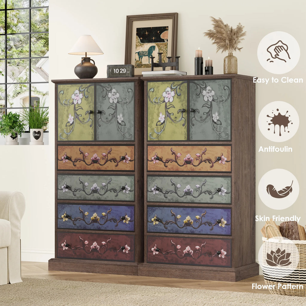 Homfa 50�� Tall Dresser with 4 Drawers, Boho Vintage Dresser with 2 Doors, Wood Drawers Chest for Bedroom Living Room Entryway
