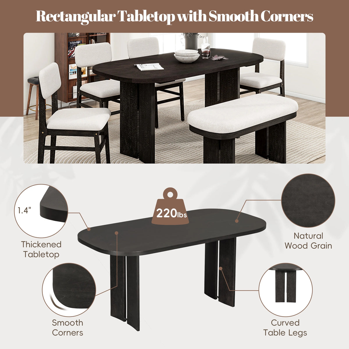 EUROCO 6-Piece Dining Table Set for 6, Rectangular Kitchen Table Set with Wood Frame, 4 Chairs and 1 Bench for Kitchen Dining Room Office,Natural
