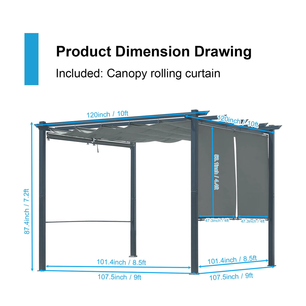 Aoodor 10 x 10 ft. Outdoor Pergola with Retractable Canopy and Sunshade Roller Curtains, Aluminum Frame Grape Trellis Pergola for Patio Backyard and Deck - Gray