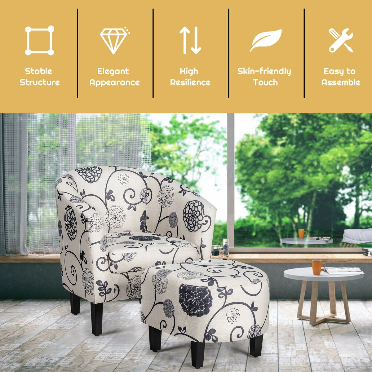Gymax Modern Accent Tub Chair&Ottoman Set Fabric Upholstered Club Chair Grey Floral