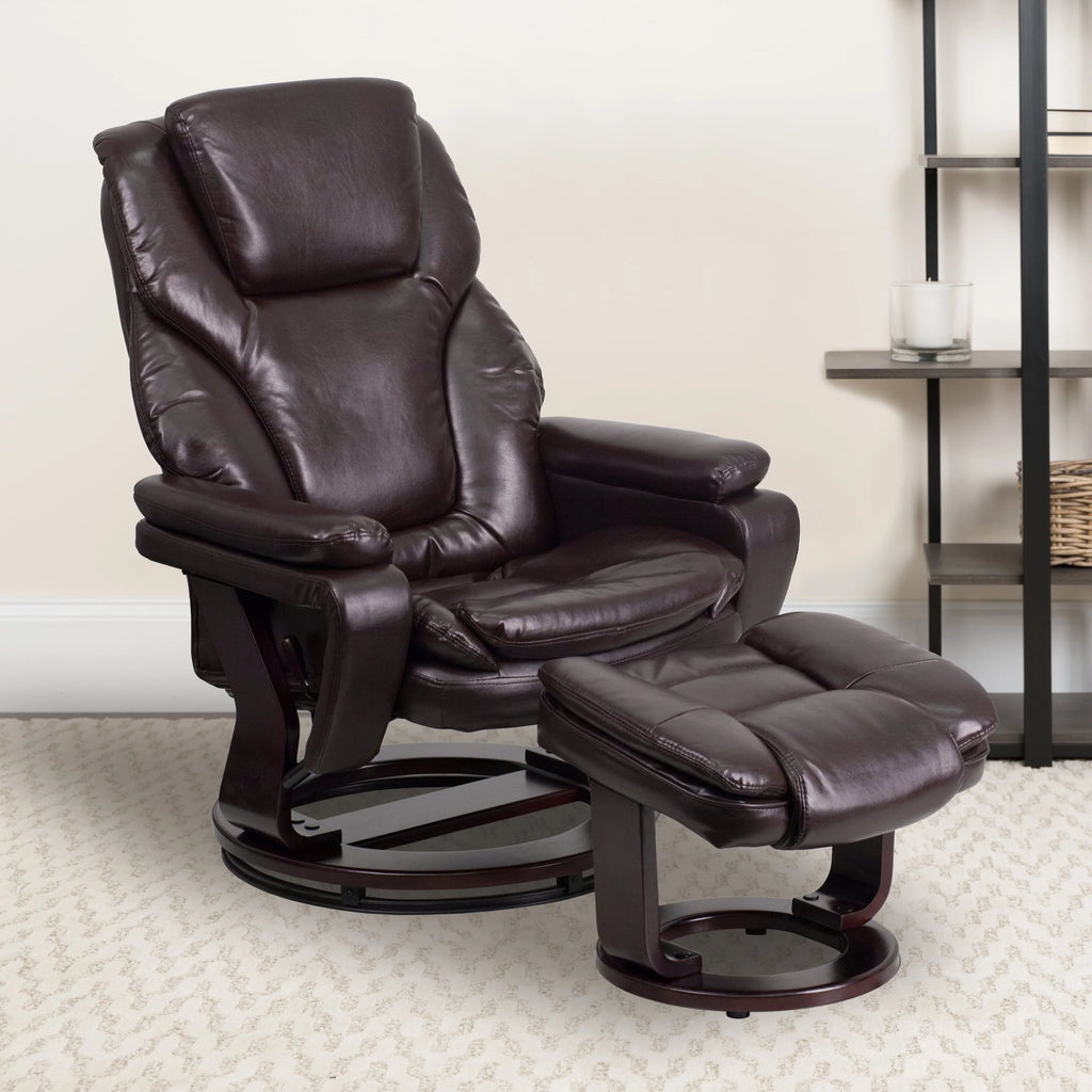 Emma + Oliver Multi-Position Recliner & Ottoman with Swivel Wood Base in Brown Microfiber