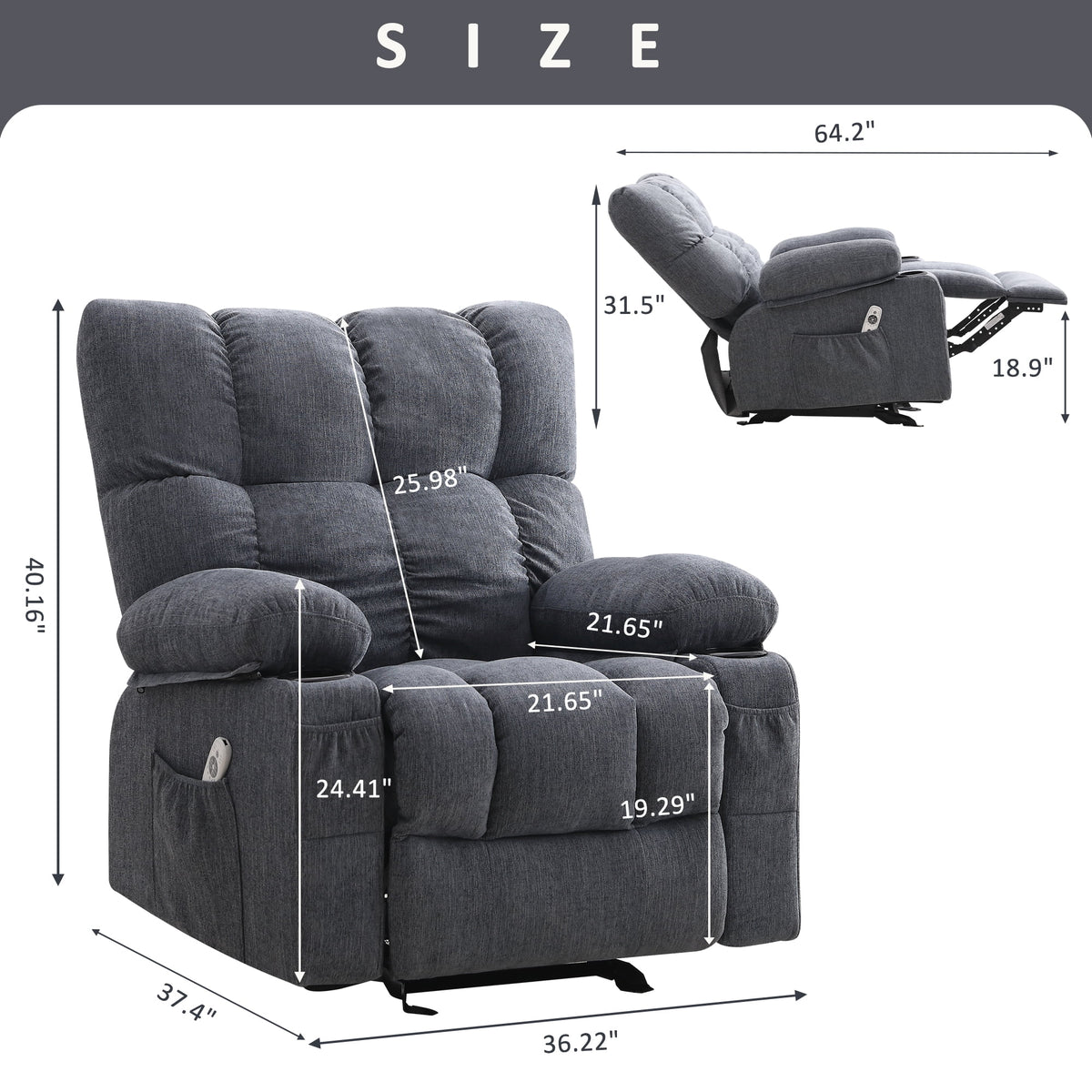 JONPONY Manual Recliner Chair with Heat Therapy and Massage Function, Heavy Duty Reclining Mechanism Massage Chair, Elderly Single Rocker Sofa with Cup Holders for Bedroom Home Theater,Grey
