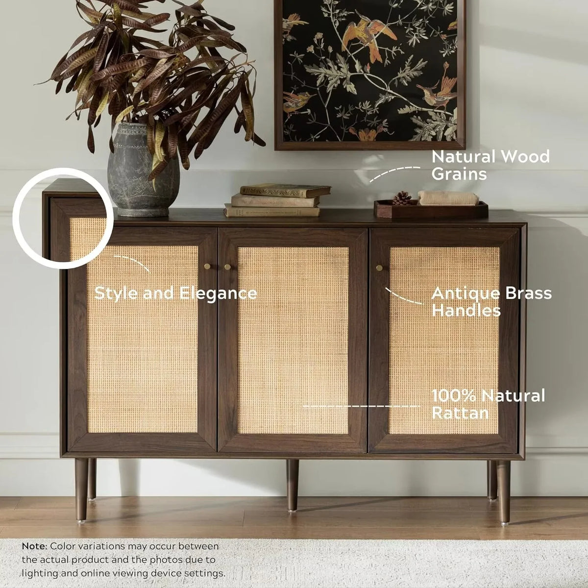 EYYTHUNG Farmhouse 3-Door Rattan Storage Cabinet, Solid Wood Entryway Buffet Sideboard