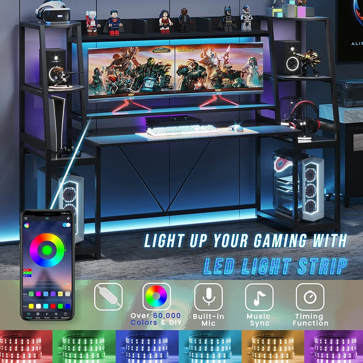 78.8inch Gaming Desk with LED Lights, Hutch and Storage Shelves, Ergonomic Computer Desk with Monitor Stand, Black