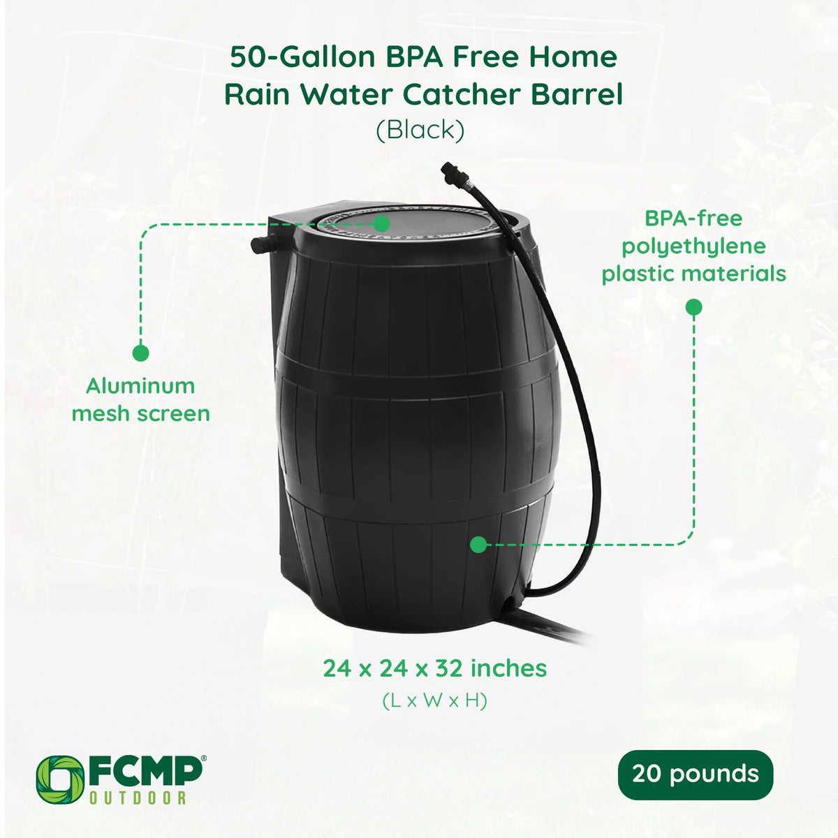 FCMP Outdoor RC4000 Raincatcher 50 Gallon Rain Catcher Barrel, Brown