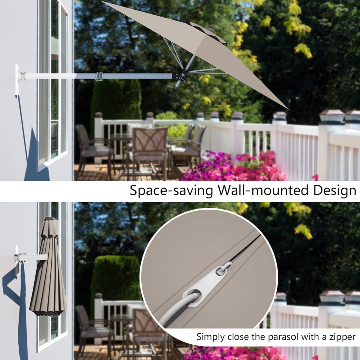 Gymax 8FT Patio Wall Mounted Cantilever Umbrella Parsol w/ Adjustable Pole Tan