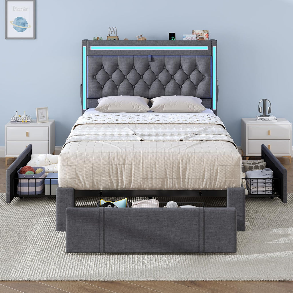 Platform Bed Twin Size with Storage Drawers and Headboard,, Twin Size Velvet Upholstered Bed with RGB Lighting and Power Outlet, No Box Spring Needed, Noise-Free, White