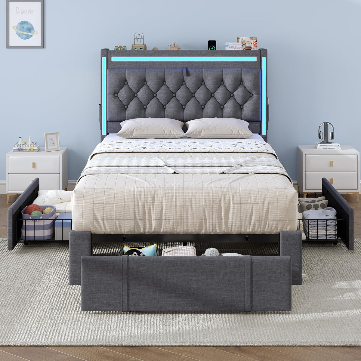 Platform Bed Twin Size with Storage Drawers and Headboard,, Twin Size Velvet Upholstered Bed with RGB Lighting and Power Outlet, No Box Spring Needed, Noise-Free, White