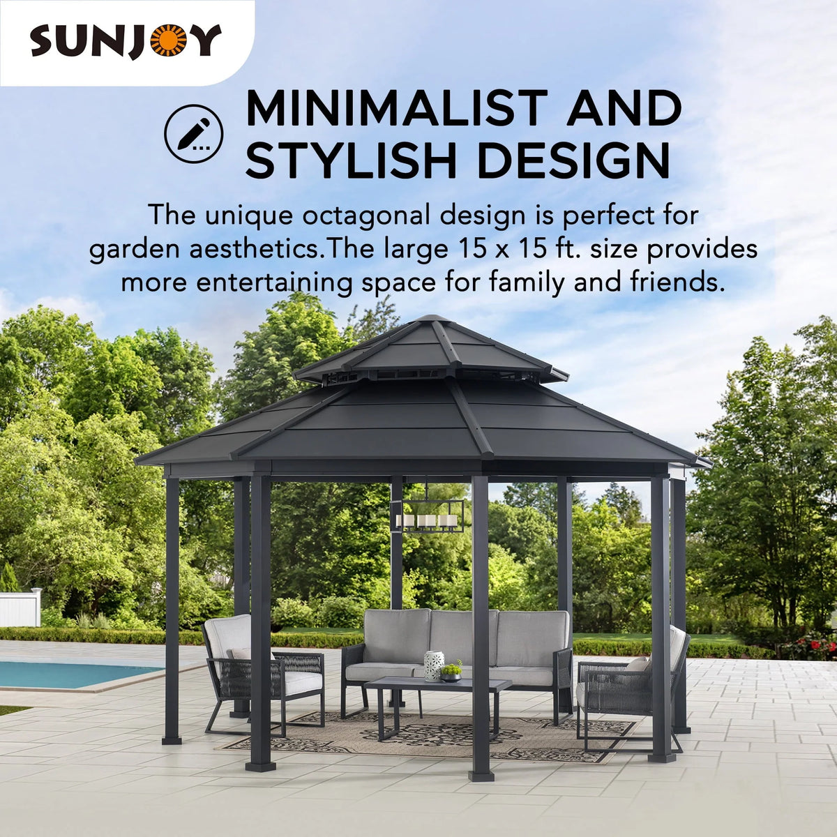 Sunjoy 15 x 15 ft. Outdoor Hardtop Gazebo, Octagon Double Tiered Metal Gazebo with Dual Rails and Ceiling Hook for Patio, Garden, Backyard Shade