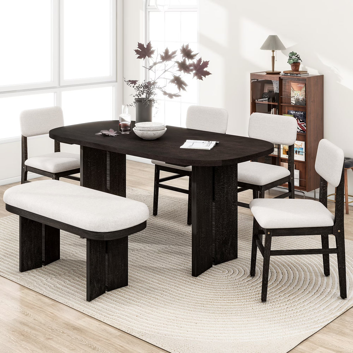EUROCO 6-Piece Dining Table Set for 6, Rectangular Kitchen Table Set with Wood Frame, 4 Chairs and 1 Bench for Kitchen Dining Room Office,Natural
