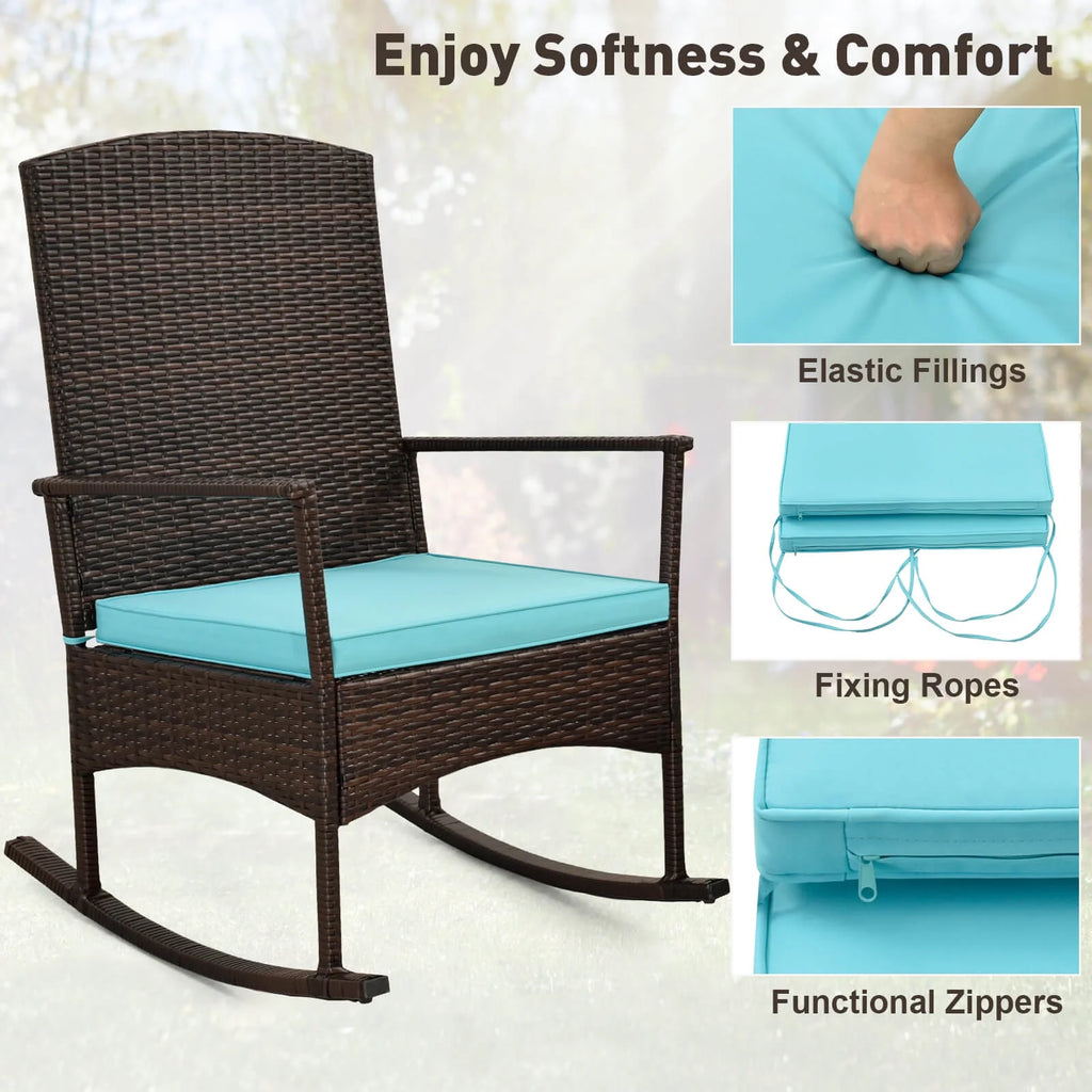 Costway Serenity 3 Piece Patio Rocking Wicker Rockers with White Cushions 2 Tier Coffee Table
