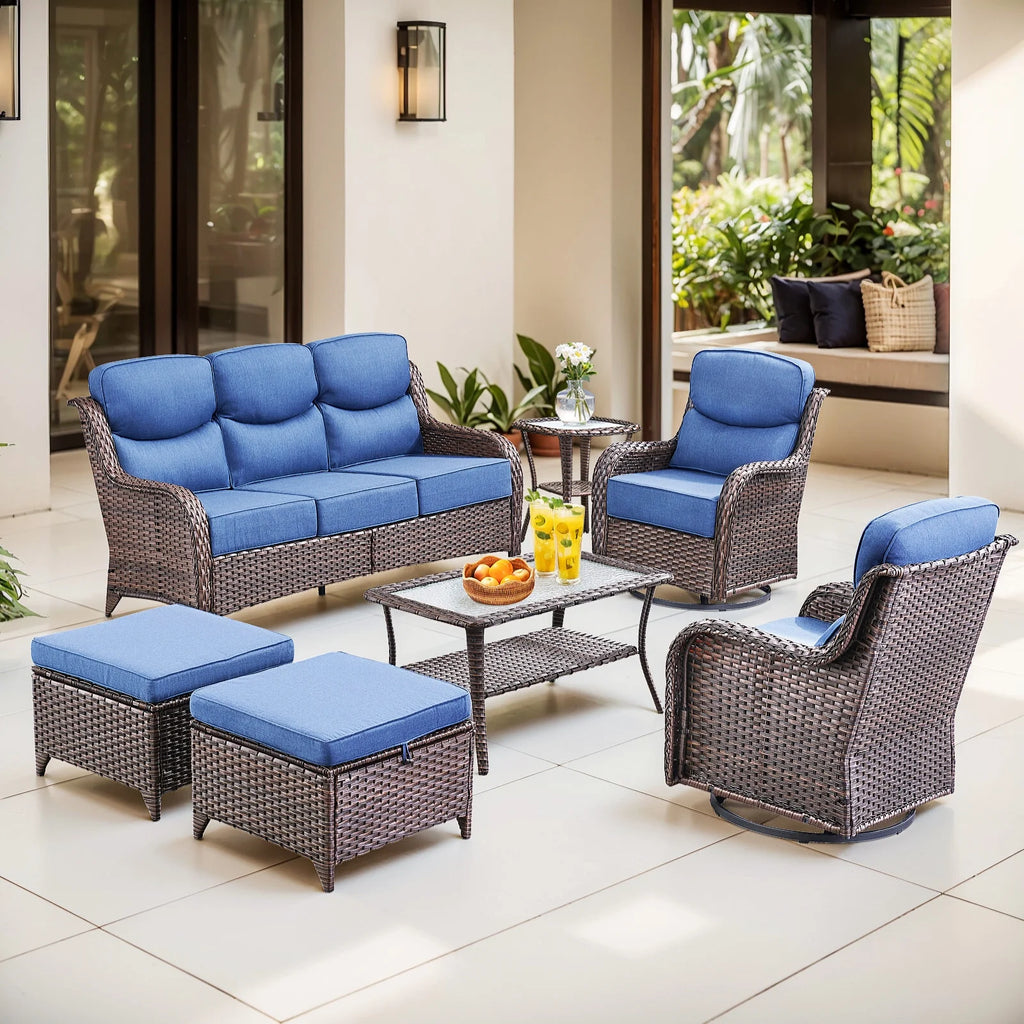 Bellefurn Luxury Outdoor Patio Furniture Set,Swivel Rocker Patio Chairs with 6-inch Thick Cushion,Patio Sofa and Glass Coffee Table,Outdoor Conversation Set for Porch, Deck, Yard