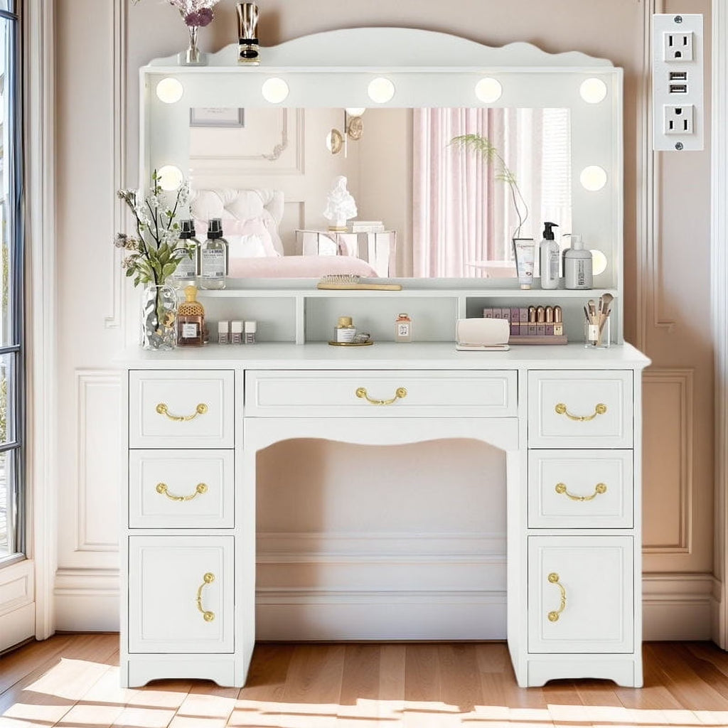 Vanity Desk with Mirror and Light 1 Piece Bohemian White Vanity Table,French Country Style