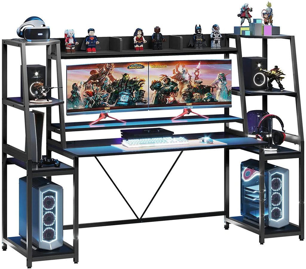 78.8 Inches Gaming Desk with LED Lights, Hutch and Storage Shelves, Ergonomic Computer Desk, Black